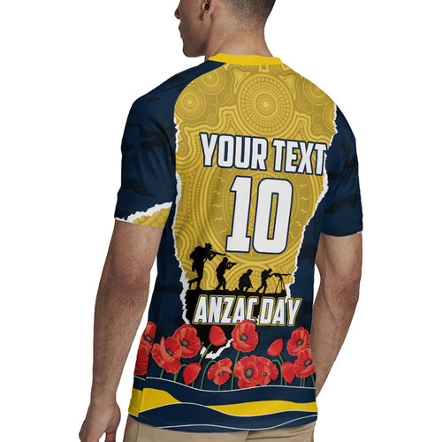 Personalized Cowboys ANZAC Tribute Rugby Jersey Poppy Field Soldier Silhouette Aboriginal Rugby Mascot