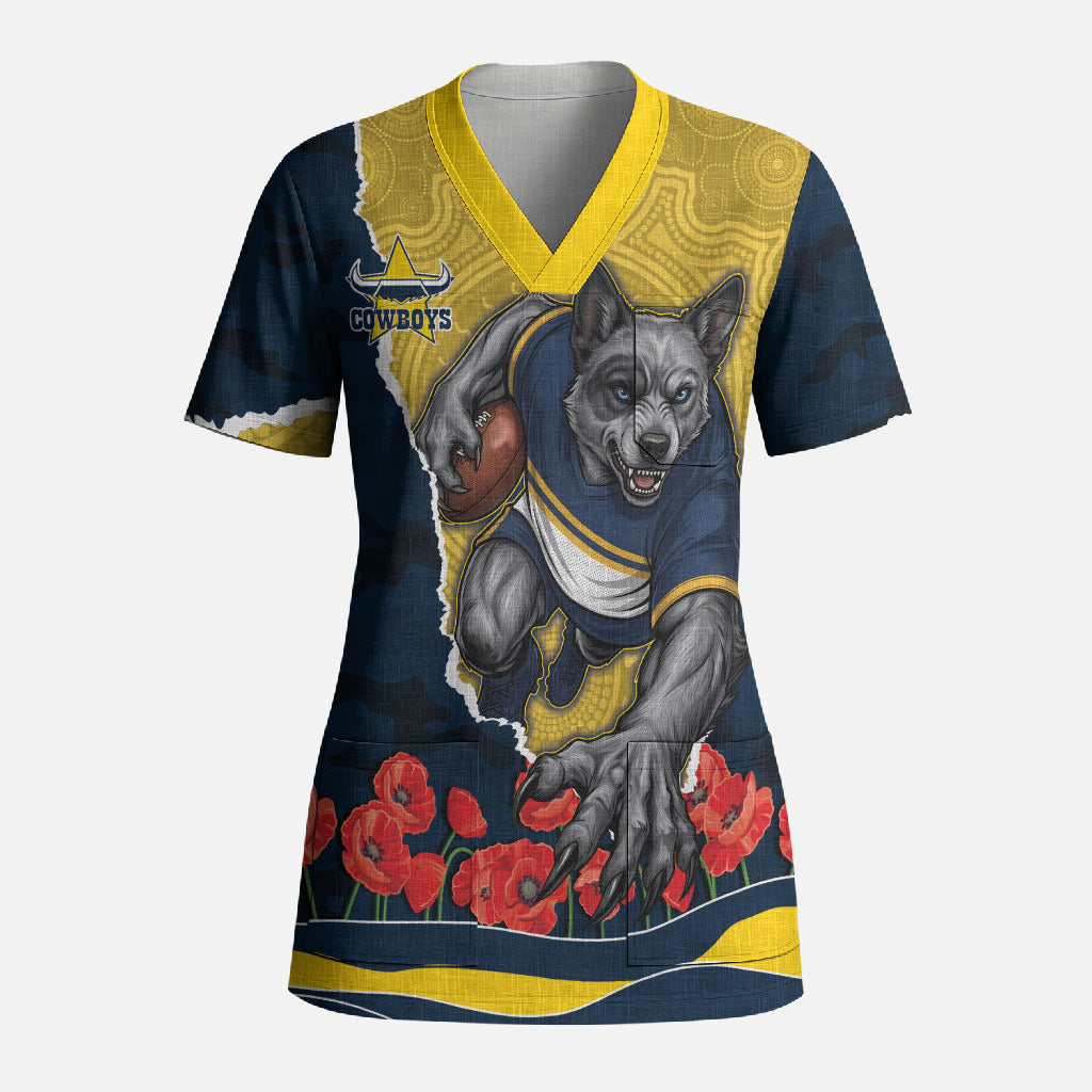 Personalized Cowboys ANZAC Tribute Scrub Top Poppy Field Soldier Silhouette Aboriginal Rugby Mascot