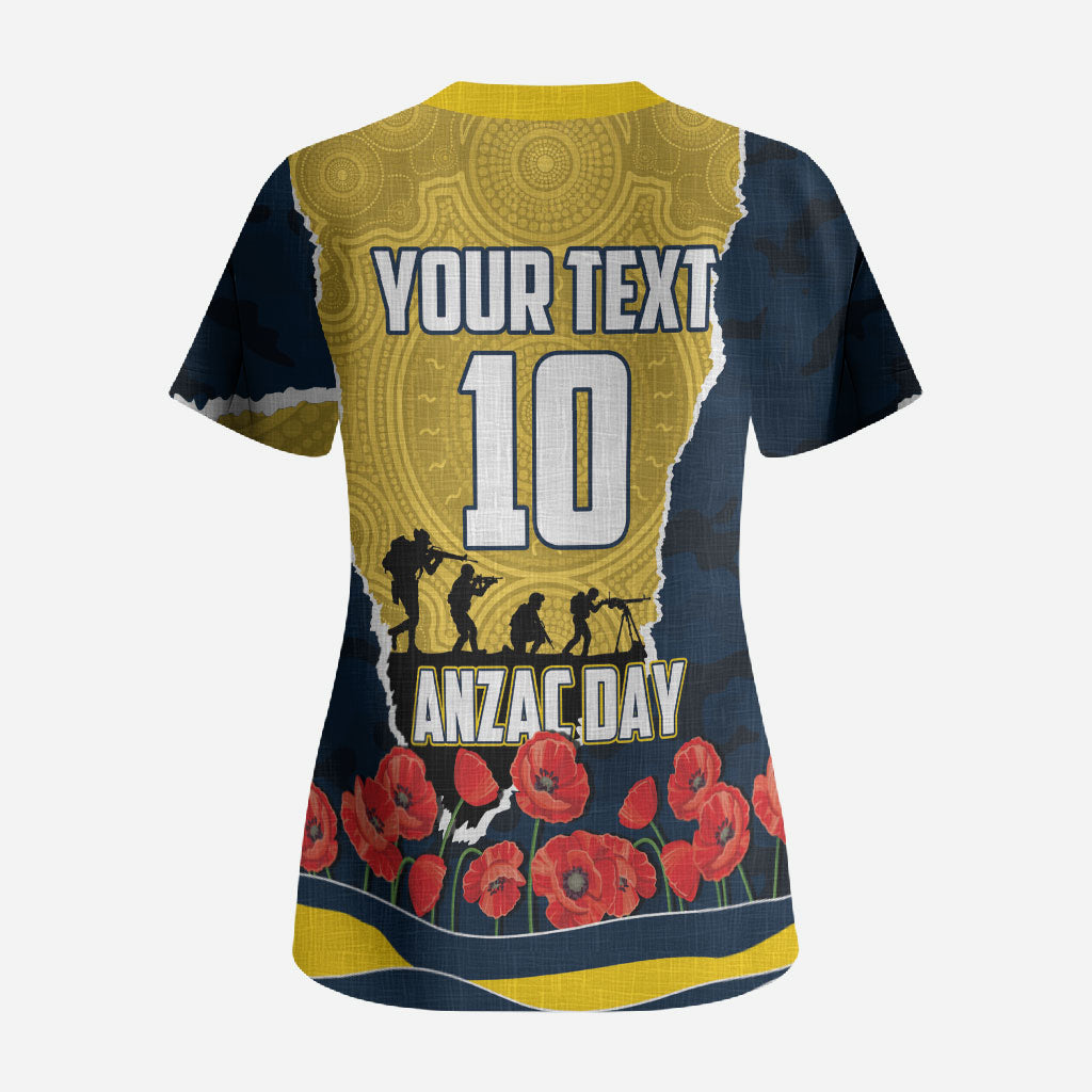 Personalized Cowboys ANZAC Tribute Scrub Top Poppy Field Soldier Silhouette Aboriginal Rugby Mascot