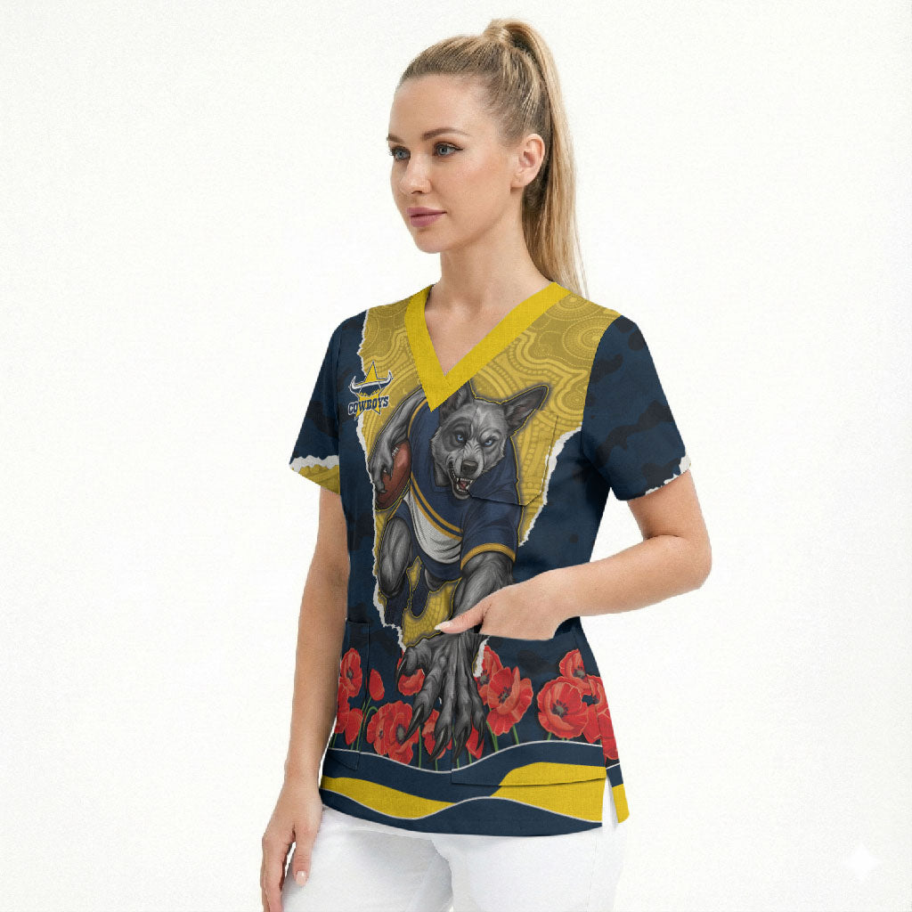 Personalized Cowboys ANZAC Tribute Scrub Top Poppy Field Soldier Silhouette Aboriginal Rugby Mascot