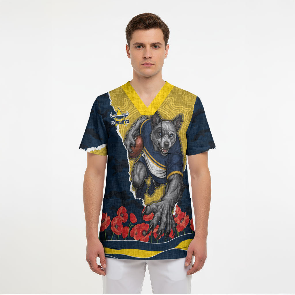 Personalized Cowboys ANZAC Tribute Scrub Top Poppy Field Soldier Silhouette Aboriginal Rugby Mascot