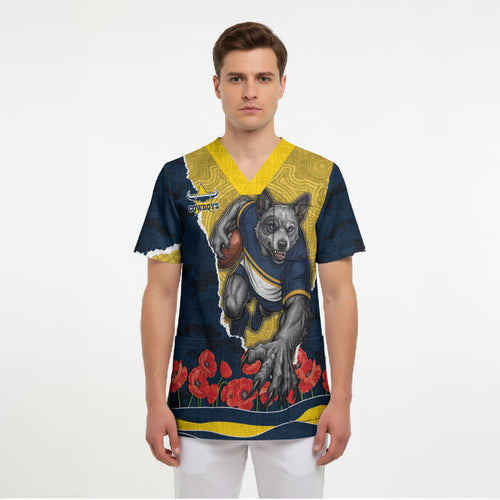 Personalized Cowboys ANZAC Tribute Scrub Top Poppy Field Soldier Silhouette Aboriginal Rugby Mascot