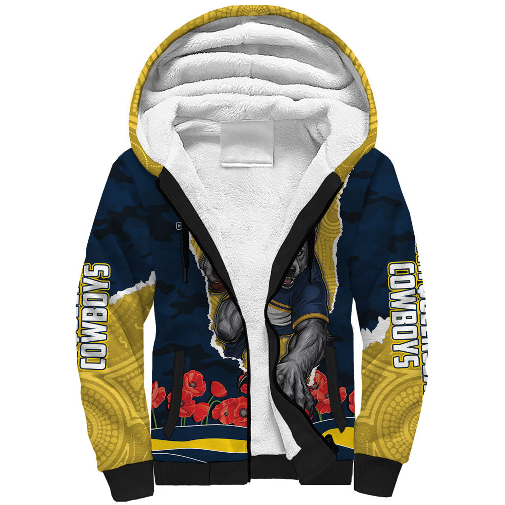 Personalized Cowboys ANZAC Tribute Sherpa Hoodie Poppy Field Soldier Silhouette Aboriginal Rugby Mascot