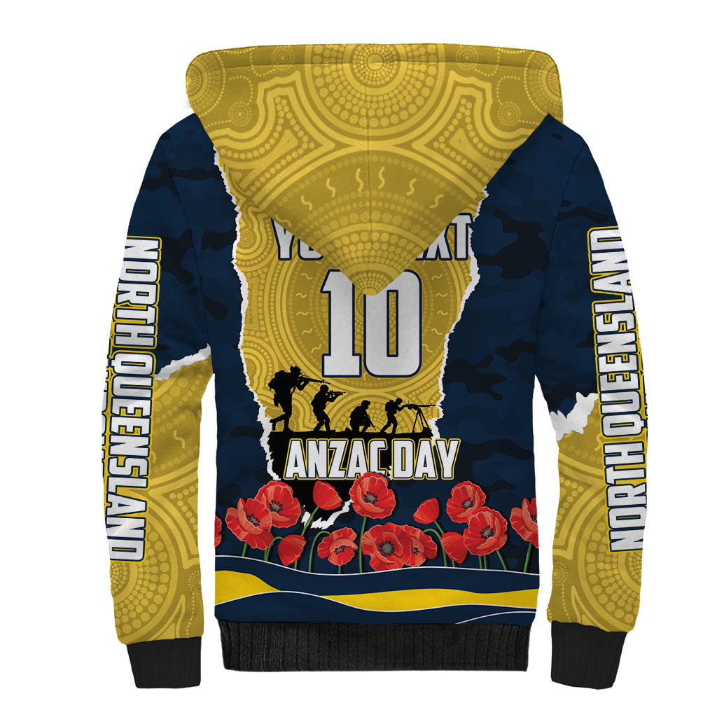 Personalized Cowboys ANZAC Tribute Sherpa Hoodie Poppy Field Soldier Silhouette Aboriginal Rugby Mascot