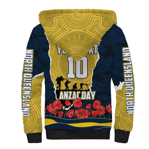 Personalized Cowboys ANZAC Tribute Sherpa Hoodie Poppy Field Soldier Silhouette Aboriginal Rugby Mascot