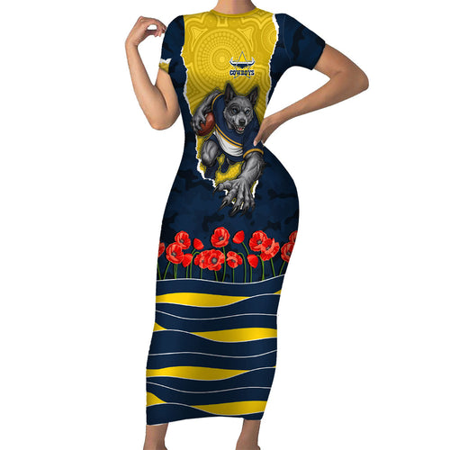 Personalized Cowboys ANZAC Tribute Short Sleeve Bodycon Dress Poppy Field Soldier Silhouette Aboriginal Rugby Mascot