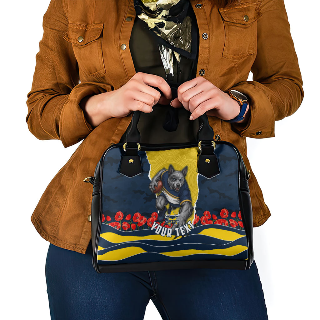 Personalized Cowboys ANZAC Tribute Shoulder Handbag Poppy Field Soldier Silhouette Aboriginal Rugby Mascot