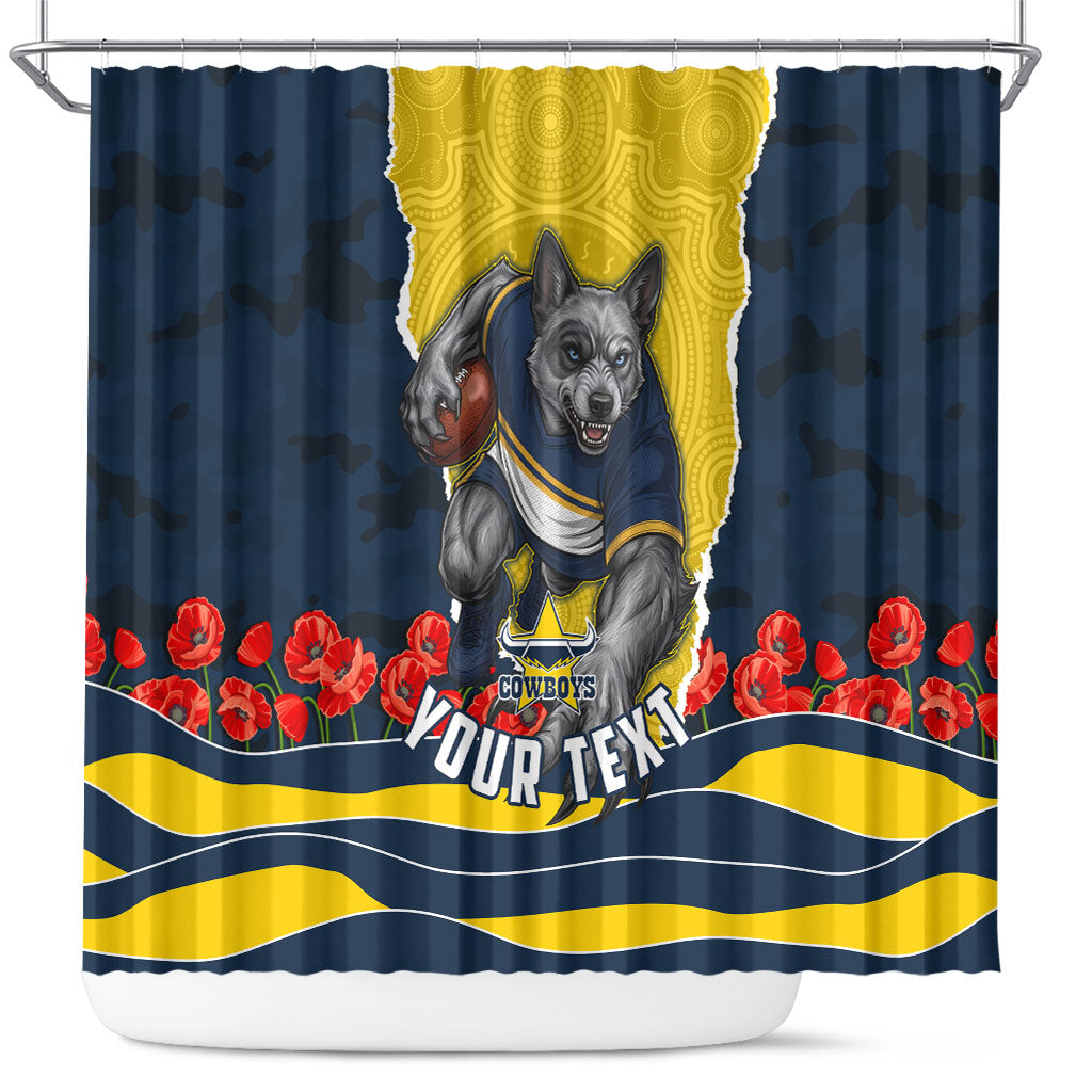 Personalized Cowboys ANZAC Tribute Shower Curtain Poppy Field Soldier Silhouette Aboriginal Rugby Mascot