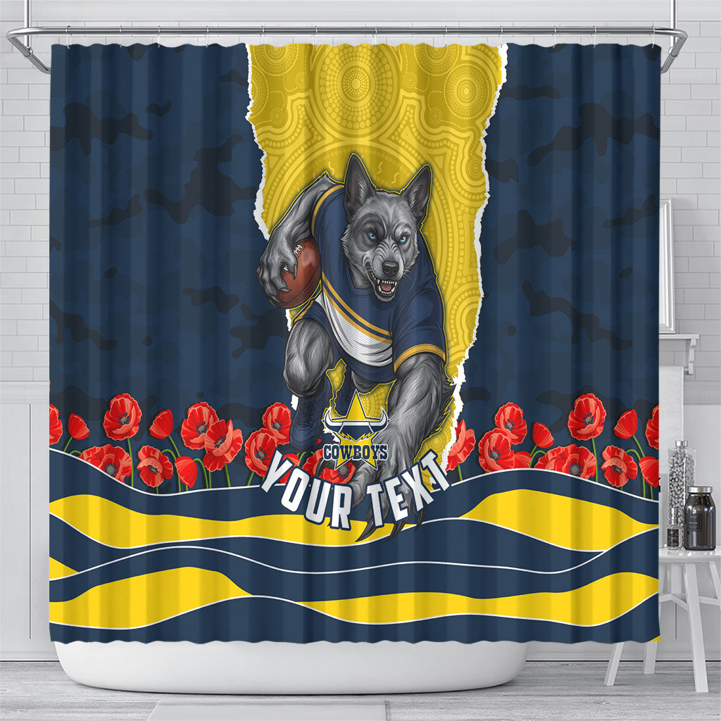 Personalized Cowboys ANZAC Tribute Shower Curtain Poppy Field Soldier Silhouette Aboriginal Rugby Mascot