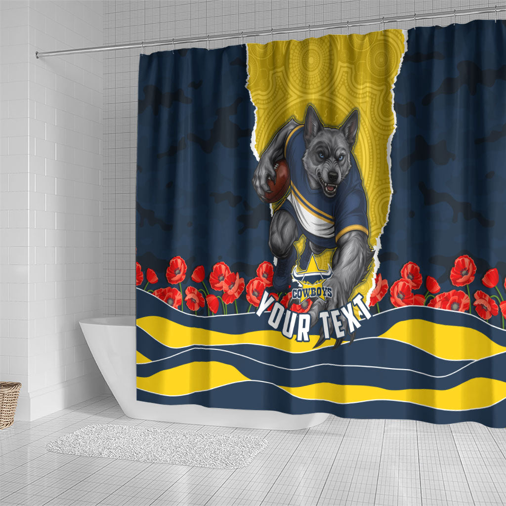 Personalized Cowboys ANZAC Tribute Shower Curtain Poppy Field Soldier Silhouette Aboriginal Rugby Mascot