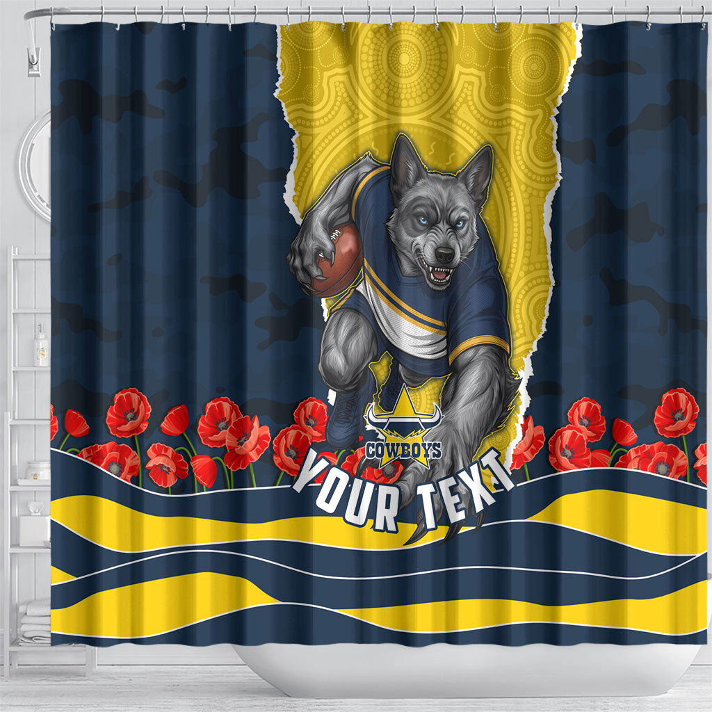 Personalized Cowboys ANZAC Tribute Shower Curtain Poppy Field Soldier Silhouette Aboriginal Rugby Mascot