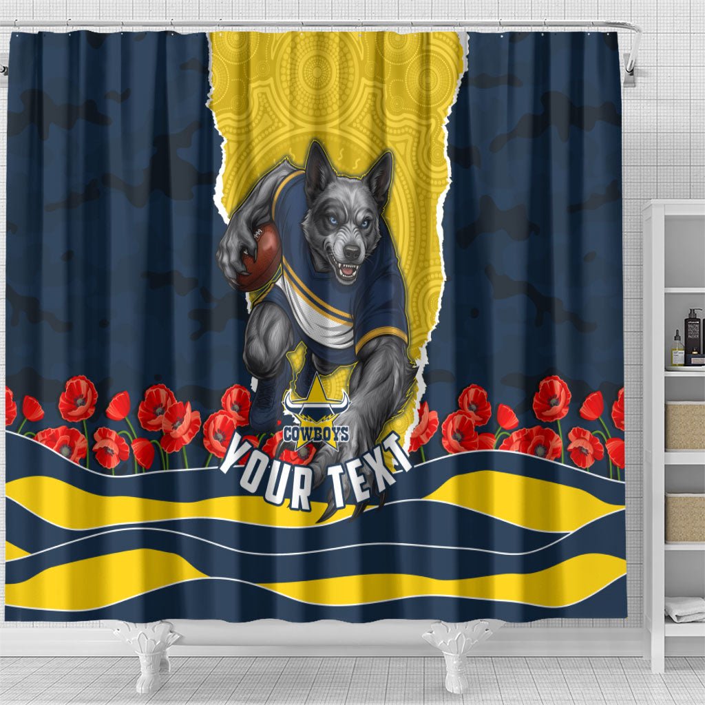 Personalized Cowboys ANZAC Tribute Shower Curtain Poppy Field Soldier Silhouette Aboriginal Rugby Mascot