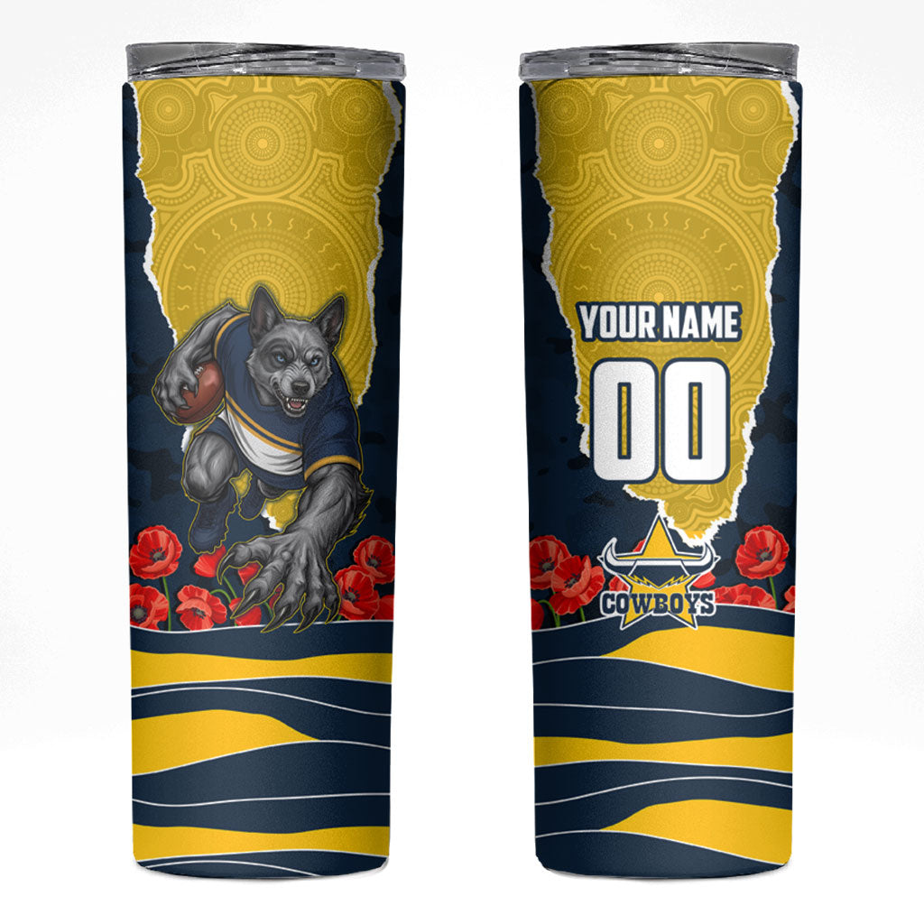 Personalized Cowboys ANZAC Tribute Skinny Tumbler Poppy Field Soldier Silhouette Aboriginal Rugby Mascot