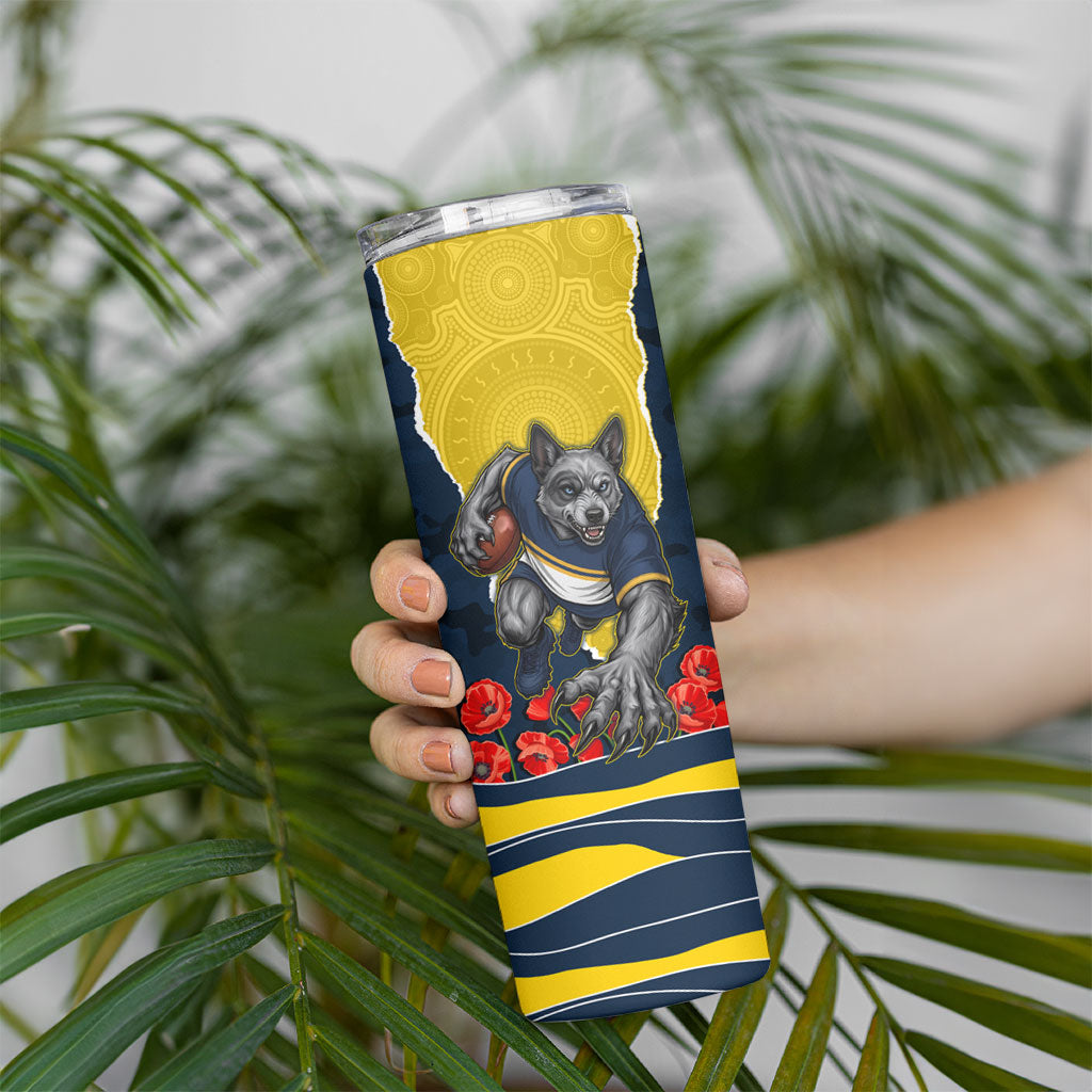 Personalized Cowboys ANZAC Tribute Skinny Tumbler Poppy Field Soldier Silhouette Aboriginal Rugby Mascot