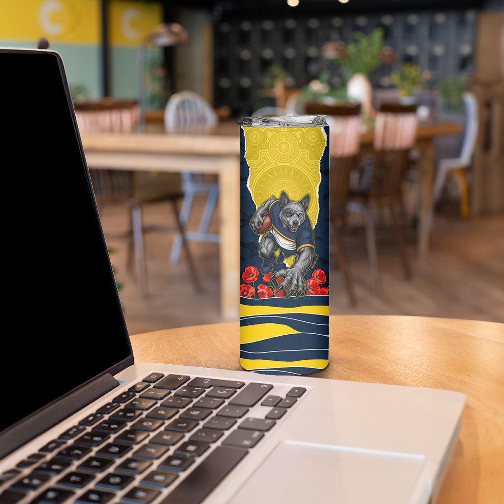 Personalized Cowboys ANZAC Tribute Skinny Tumbler Poppy Field Soldier Silhouette Aboriginal Rugby Mascot