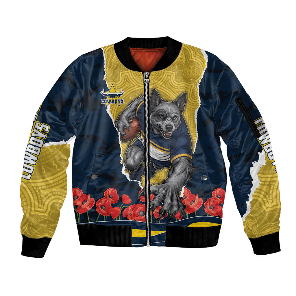 Personalized Cowboys ANZAC Tribute Sleeve Zip Bomber Jacket Poppy Field Soldier Silhouette Aboriginal Rugby Mascot