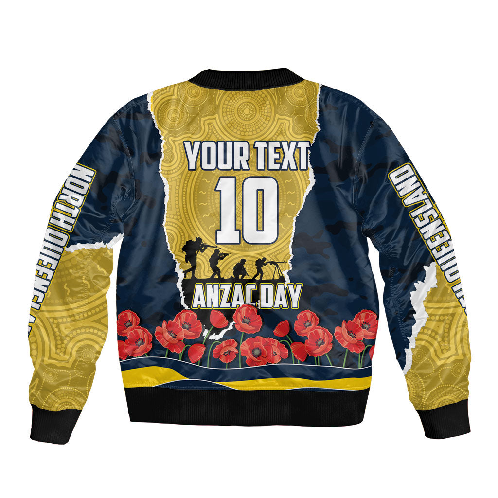 Personalized Cowboys ANZAC Tribute Sleeve Zip Bomber Jacket Poppy Field Soldier Silhouette Aboriginal Rugby Mascot