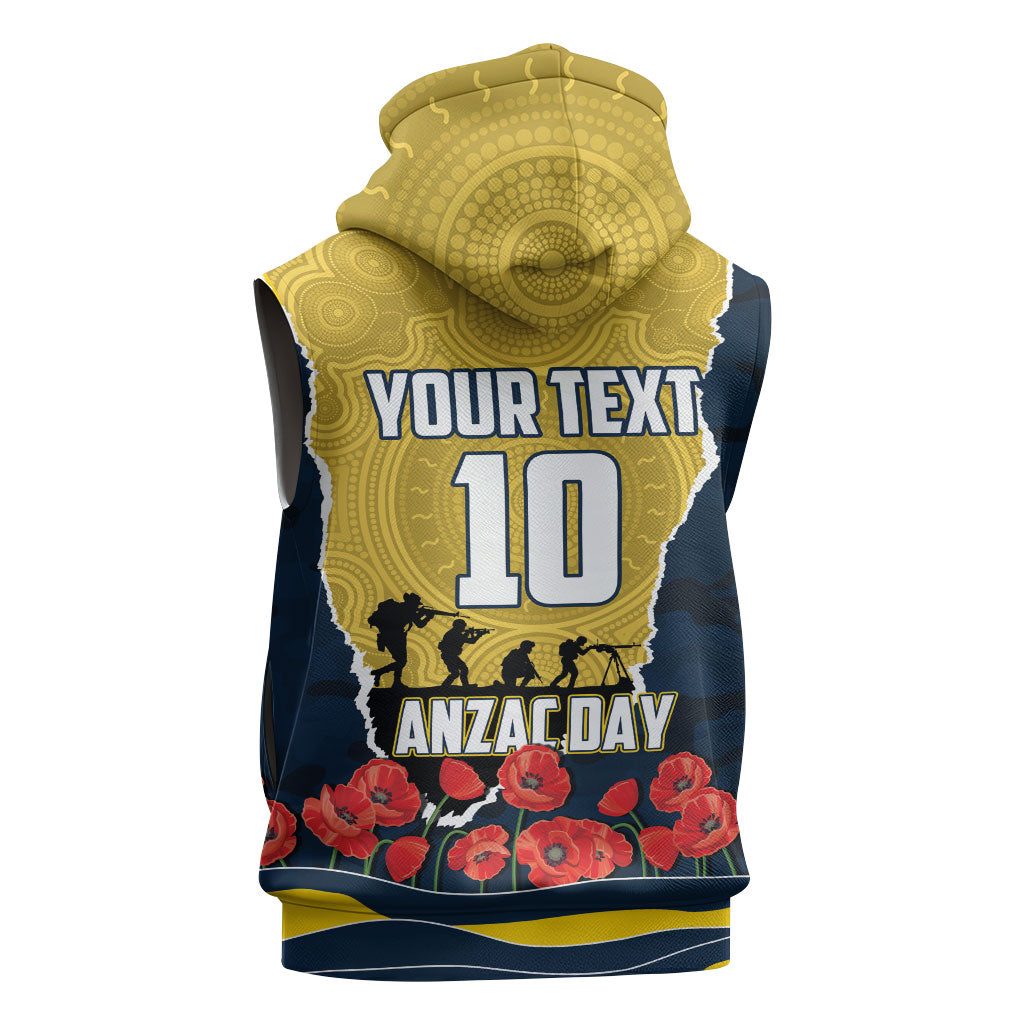 Personalized Cowboys ANZAC Tribute Sleeveless Hoodie Poppy Field Soldier Silhouette Aboriginal Rugby Mascot