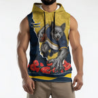 Personalized Cowboys ANZAC Tribute Sleeveless Hoodie Poppy Field Soldier Silhouette Aboriginal Rugby Mascot