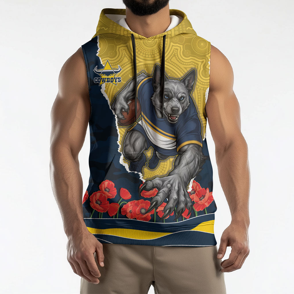 Personalized Cowboys ANZAC Tribute Sleeveless Hoodie Poppy Field Soldier Silhouette Aboriginal Rugby Mascot