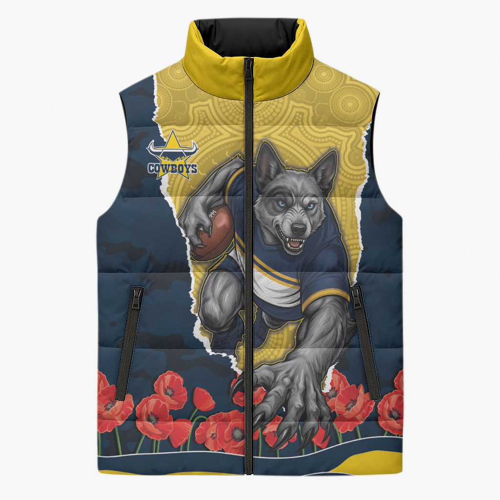 Personalized Cowboys ANZAC Tribute Sleeveless Puffer Jacket Poppy Field Soldier Silhouette Aboriginal Rugby Mascot