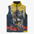 Personalized Cowboys ANZAC Tribute Sleeveless Puffer Jacket Poppy Field Soldier Silhouette Aboriginal Rugby Mascot