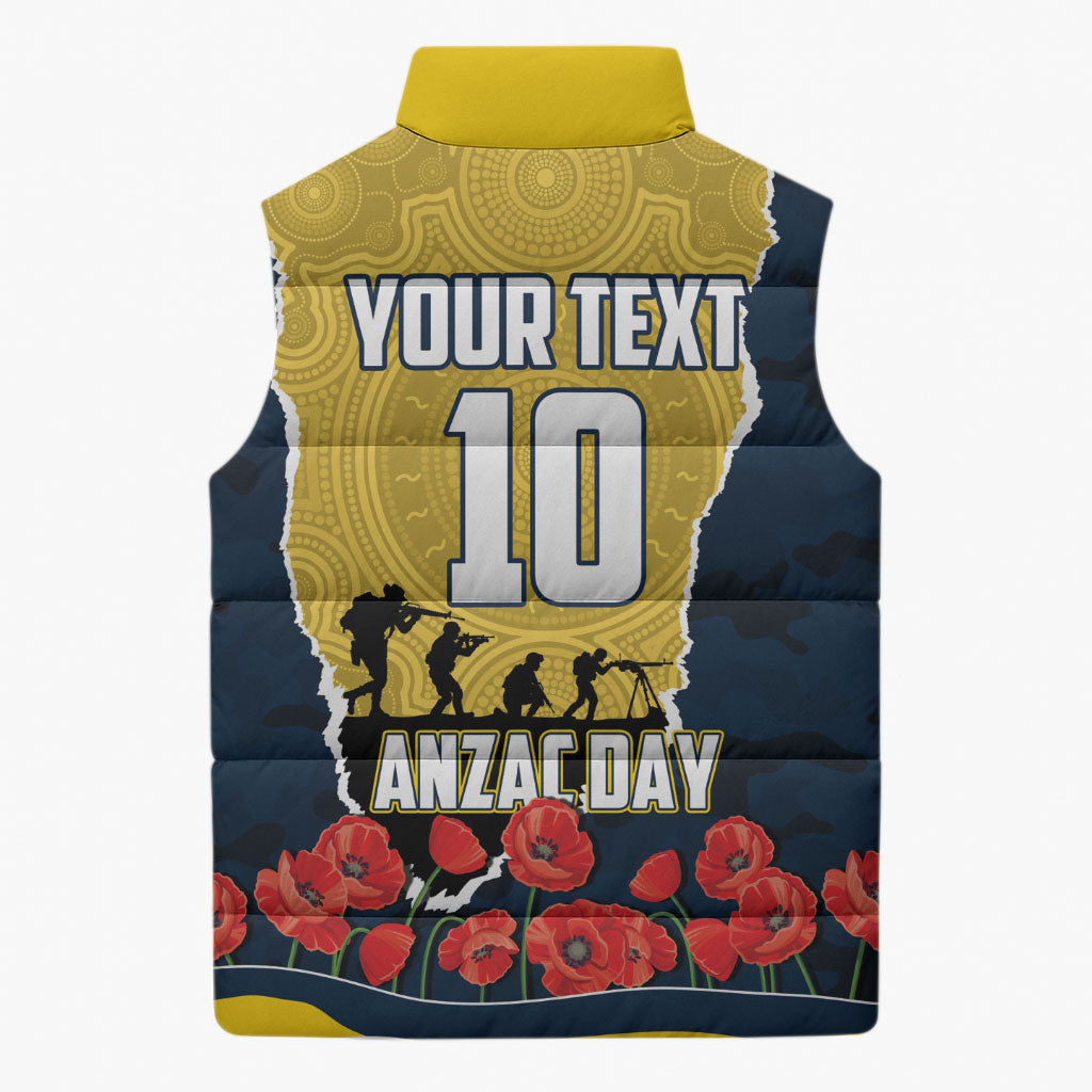 Personalized Cowboys ANZAC Tribute Sleeveless Puffer Jacket Poppy Field Soldier Silhouette Aboriginal Rugby Mascot