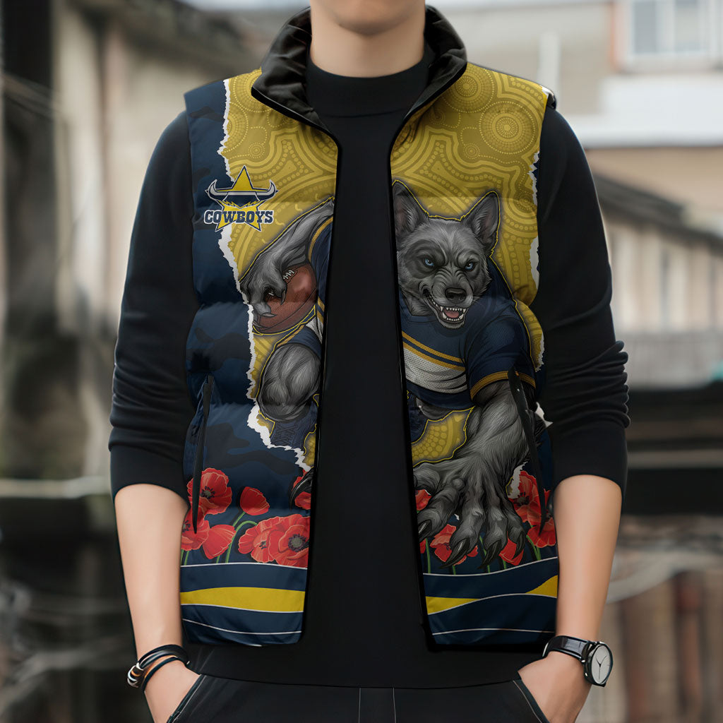 Personalized Cowboys ANZAC Tribute Sleeveless Puffer Jacket Poppy Field Soldier Silhouette Aboriginal Rugby Mascot