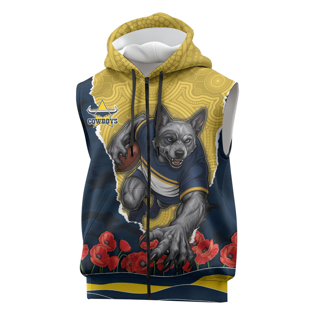 Personalized Cowboys ANZAC Tribute Sleeveless Zip Hoodie Poppy Field Soldier Silhouette Aboriginal Rugby Mascot