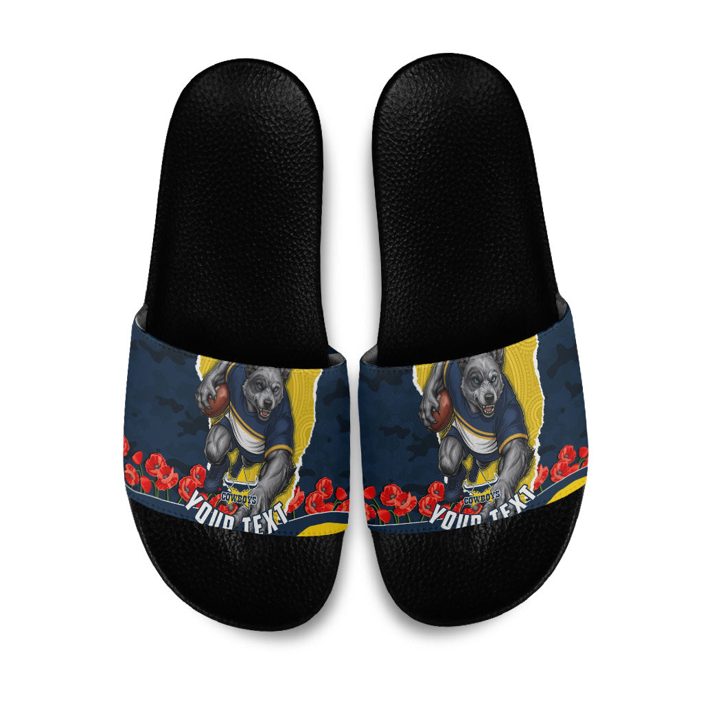 Personalized Cowboys ANZAC Tribute Slide Sandals Poppy Field Soldier Silhouette Aboriginal Rugby Mascot
