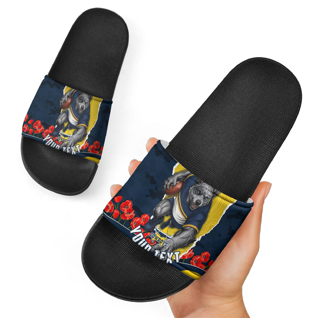 Personalized Cowboys ANZAC Tribute Slide Sandals Poppy Field Soldier Silhouette Aboriginal Rugby Mascot