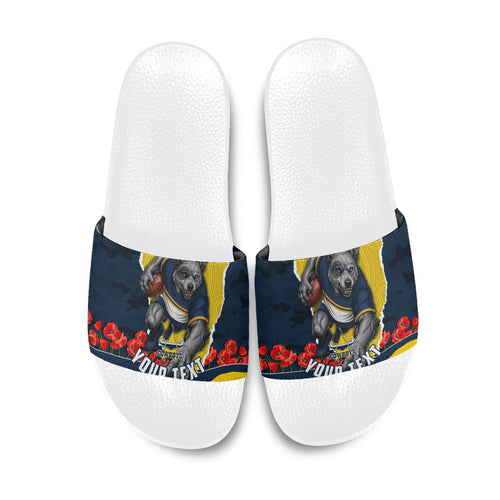Personalized Cowboys ANZAC Tribute Slide Sandals Poppy Field Soldier Silhouette Aboriginal Rugby Mascot