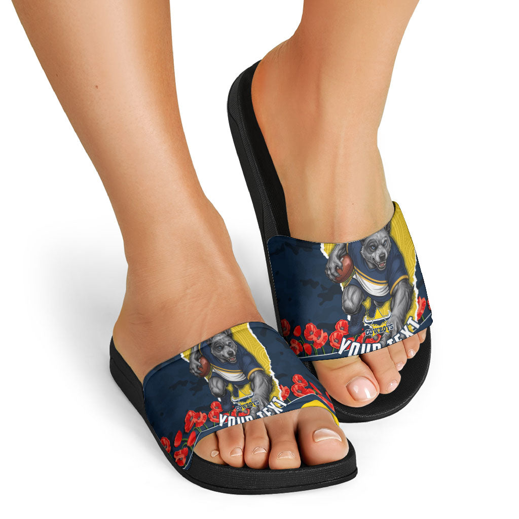 Personalized Cowboys ANZAC Tribute Slide Sandals Poppy Field Soldier Silhouette Aboriginal Rugby Mascot