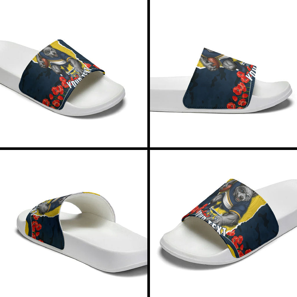Personalized Cowboys ANZAC Tribute Slide Sandals Poppy Field Soldier Silhouette Aboriginal Rugby Mascot