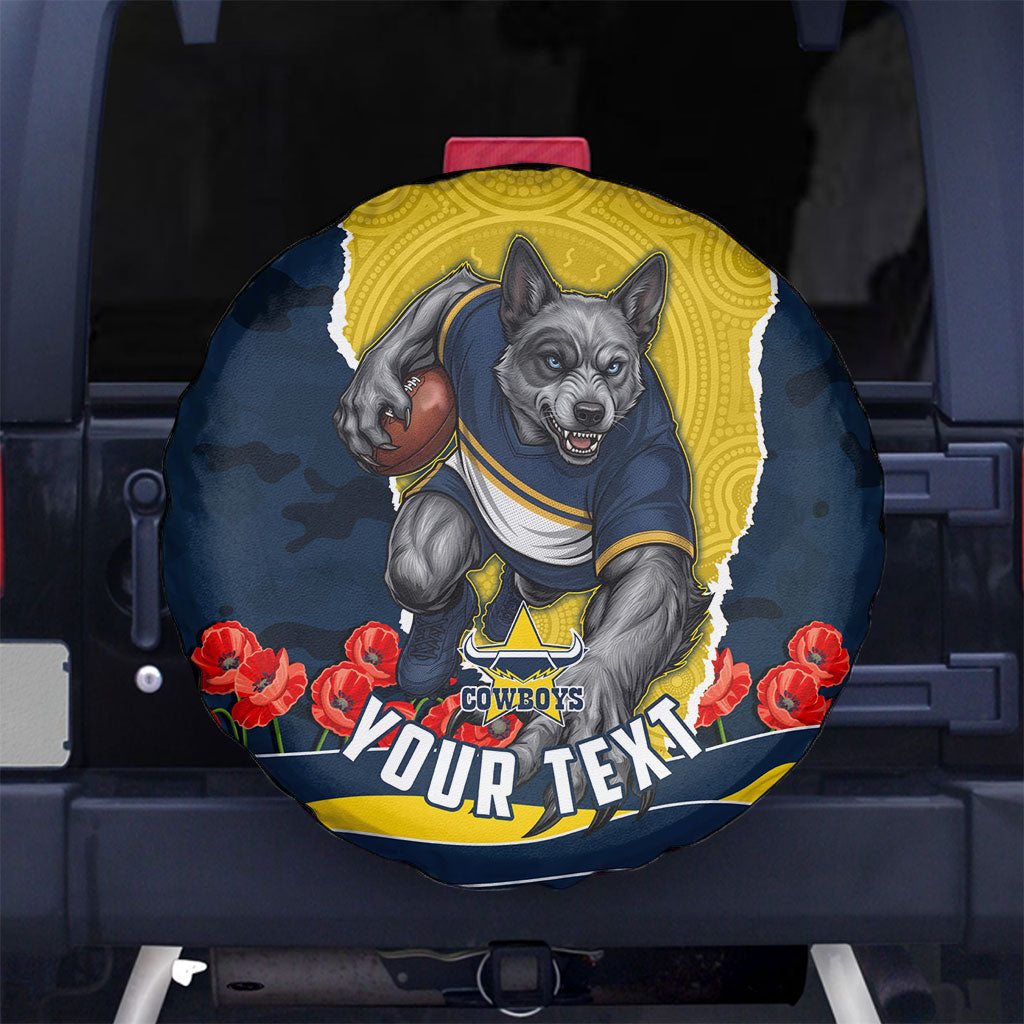 Personalized Cowboys ANZAC Tribute Spare Tire Cover Poppy Field Soldier Silhouette Aboriginal Rugby Mascot