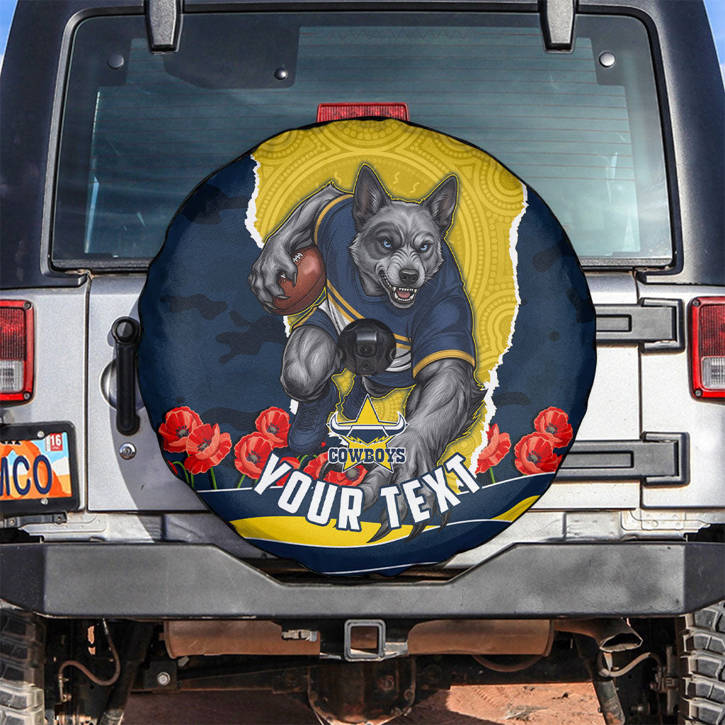 Personalized Cowboys ANZAC Tribute Spare Tire Cover Poppy Field Soldier Silhouette Aboriginal Rugby Mascot
