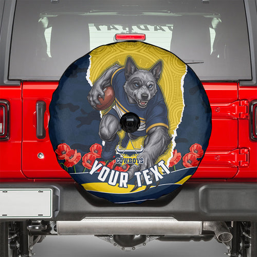 Personalized Cowboys ANZAC Tribute Spare Tire Cover Poppy Field Soldier Silhouette Aboriginal Rugby Mascot