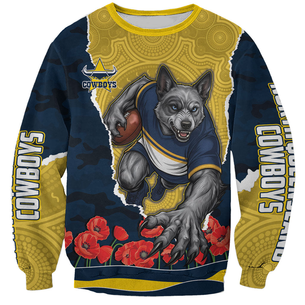 Personalized Cowboys ANZAC Tribute Sweatshirt Poppy Field Soldier Silhouette Aboriginal Rugby Mascot