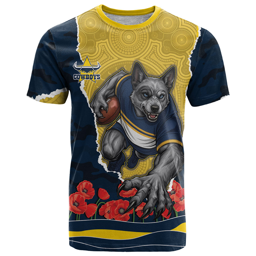 Personalized Cowboys ANZAC Tribute T Shirt Poppy Field Soldier Silhouette Aboriginal Rugby Mascot