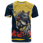 Personalized Cowboys ANZAC Tribute T Shirt Poppy Field Soldier Silhouette Aboriginal Rugby Mascot