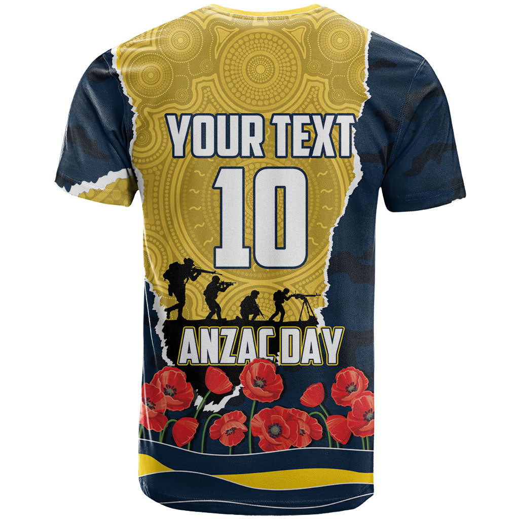Personalized Cowboys ANZAC Tribute T Shirt Poppy Field Soldier Silhouette Aboriginal Rugby Mascot
