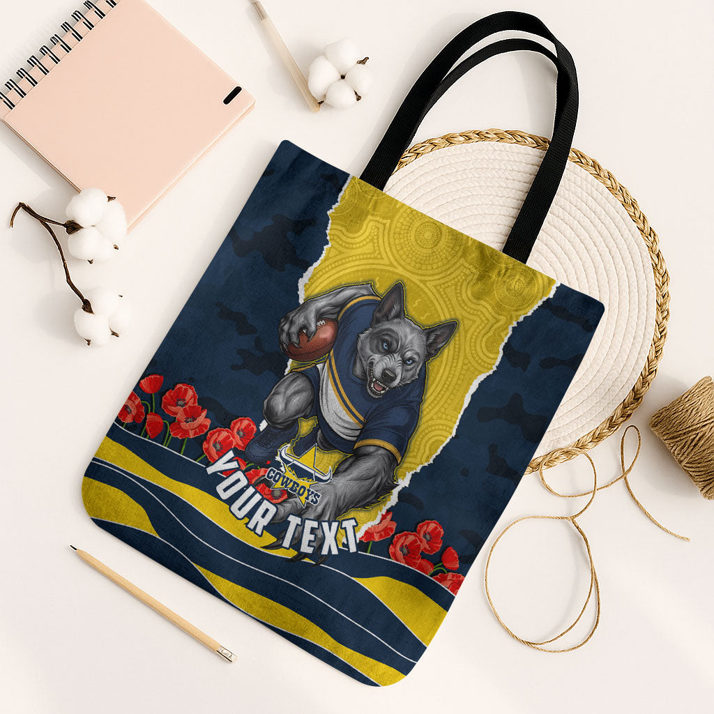 Personalized Cowboys ANZAC Tribute Tote Bag Poppy Field Soldier Silhouette Aboriginal Rugby Mascot