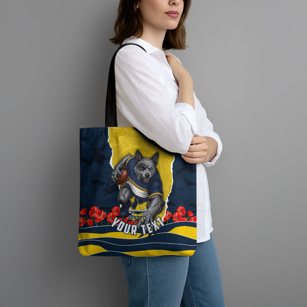 Personalized Cowboys ANZAC Tribute Tote Bag Poppy Field Soldier Silhouette Aboriginal Rugby Mascot