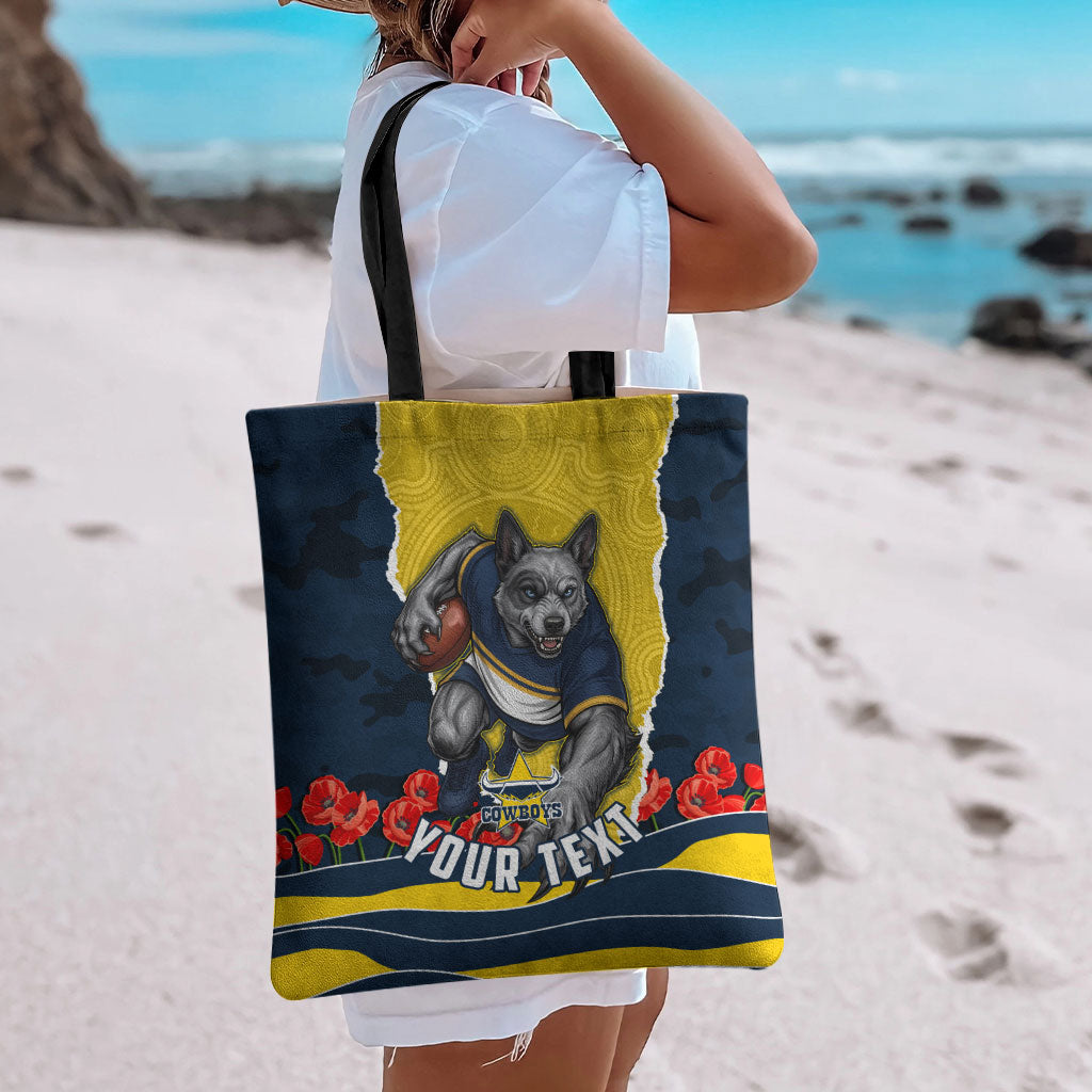 Personalized Cowboys ANZAC Tribute Tote Bag Poppy Field Soldier Silhouette Aboriginal Rugby Mascot