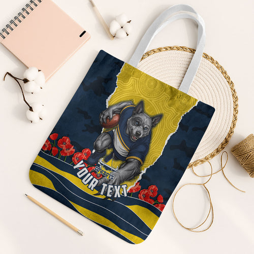 Personalized Cowboys ANZAC Tribute Tote Bag Poppy Field Soldier Silhouette Aboriginal Rugby Mascot