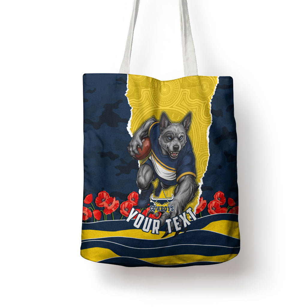 Personalized Cowboys ANZAC Tribute Tote Bag Poppy Field Soldier Silhouette Aboriginal Rugby Mascot