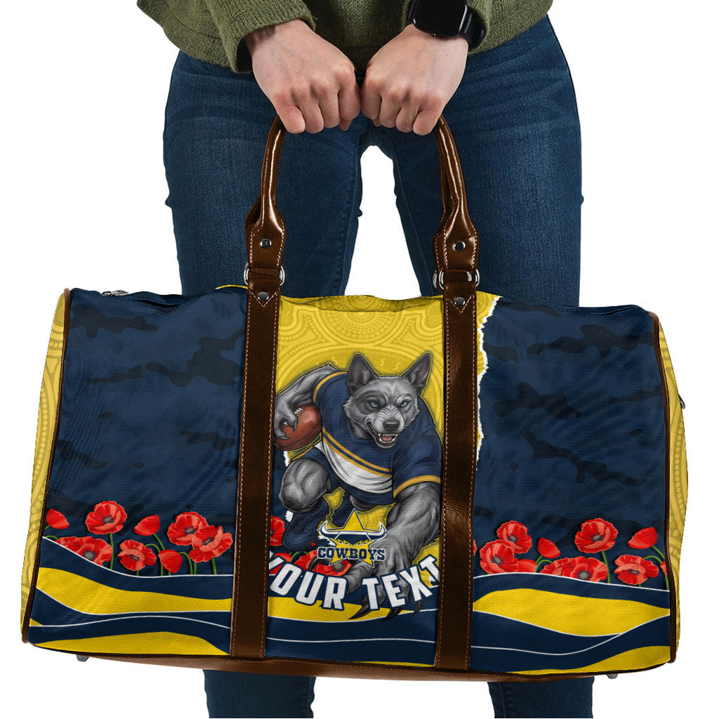 Personalized Cowboys ANZAC Tribute Travel Bag Poppy Field Soldier Silhouette Aboriginal Rugby Mascot