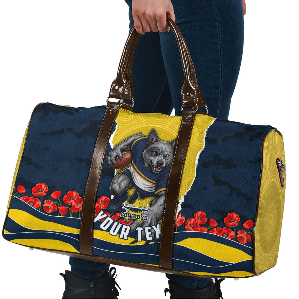 Personalized Cowboys ANZAC Tribute Travel Bag Poppy Field Soldier Silhouette Aboriginal Rugby Mascot