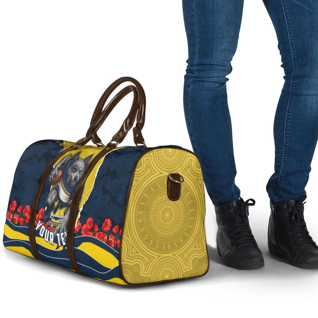 Personalized Cowboys ANZAC Tribute Travel Bag Poppy Field Soldier Silhouette Aboriginal Rugby Mascot
