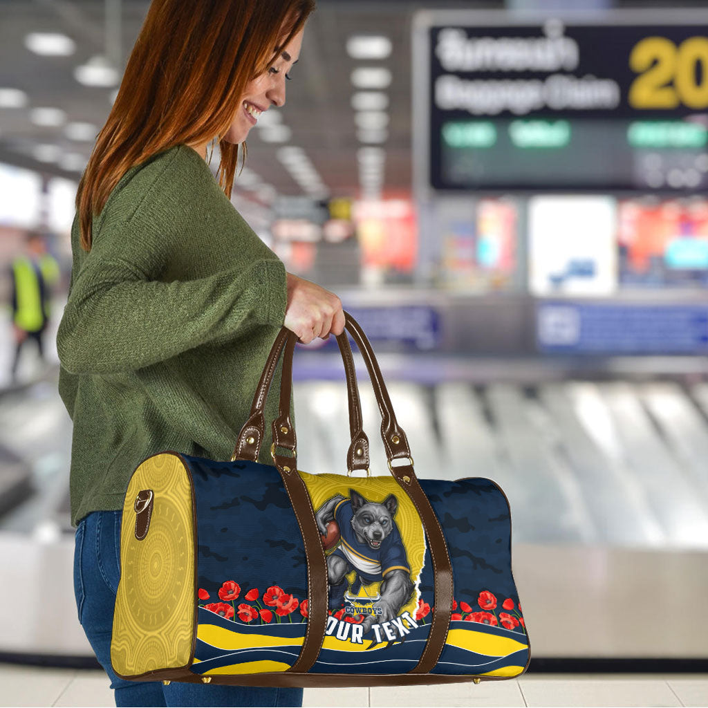 Personalized Cowboys ANZAC Tribute Travel Bag Poppy Field Soldier Silhouette Aboriginal Rugby Mascot